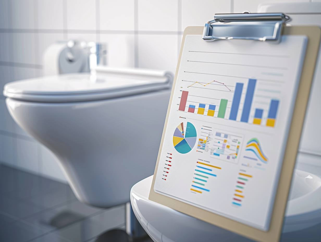 Analytics Report in Office Bathroom with Graphs