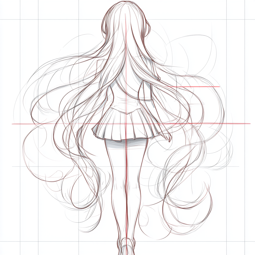 Anatomical Anime Female Character Drawing with Long Curly Hair