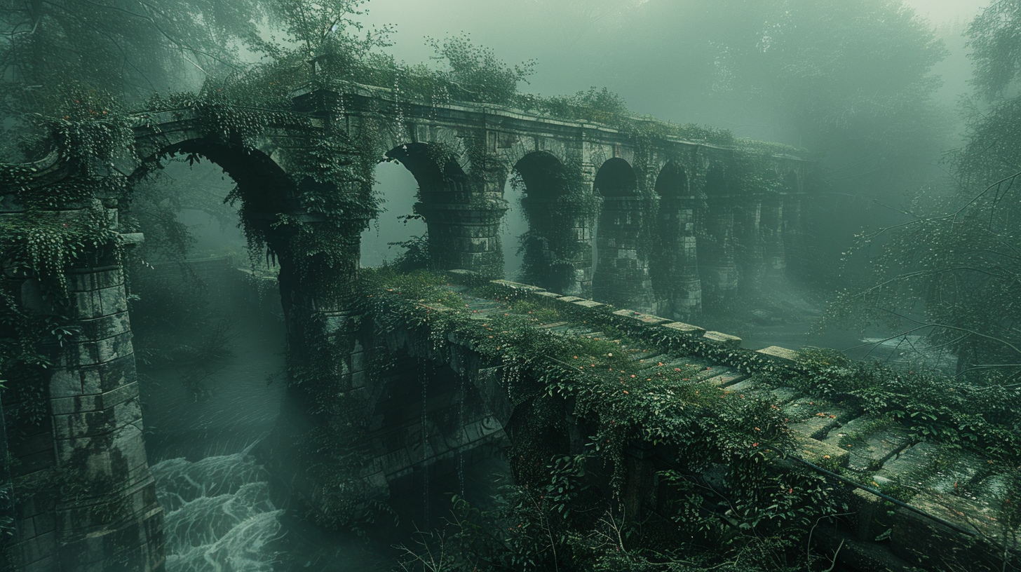 Ancient, eerie, cinematic bridge in dense jungle vegetation.