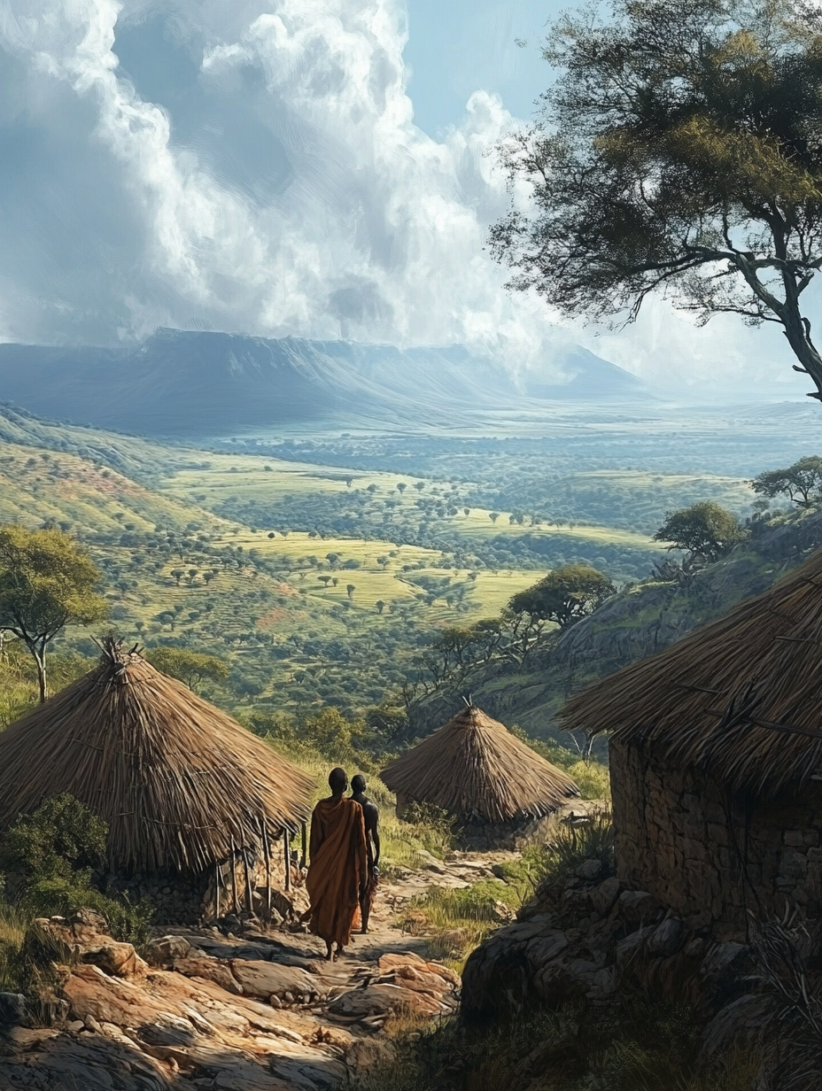 Ancient African homes in a beautiful landscape view.