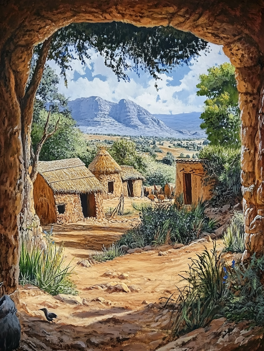 Ancient African homes in beautiful landscape from ground view