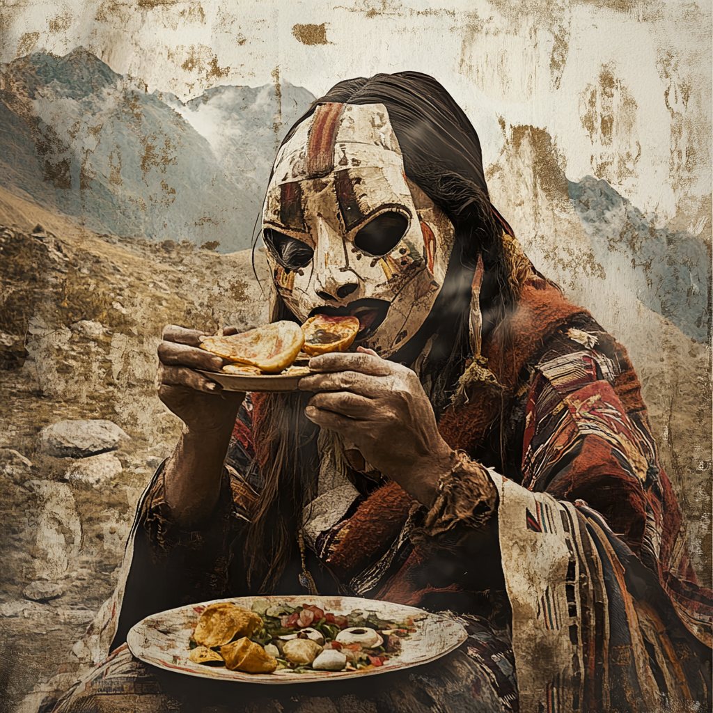 Ancient Andean woman eats empanadas by mountains