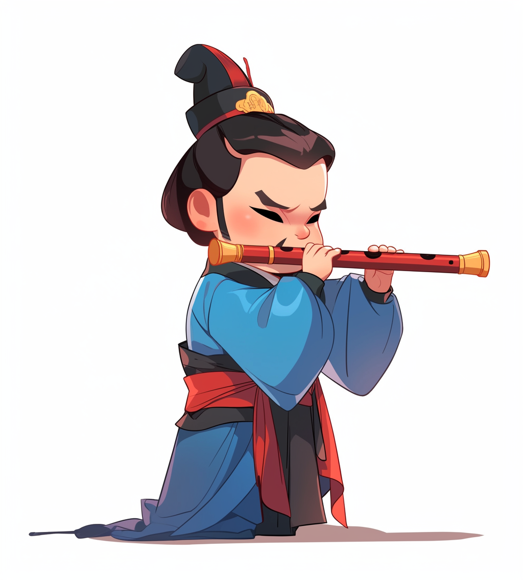 Ancient Chinese Man Playing Flute: Cute Cartoon Illustration.