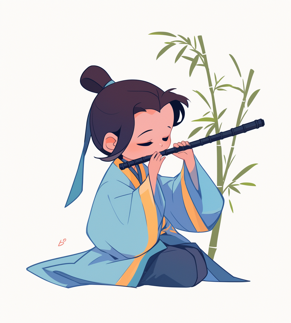 Ancient Chinese boy plays flute in cartoon style