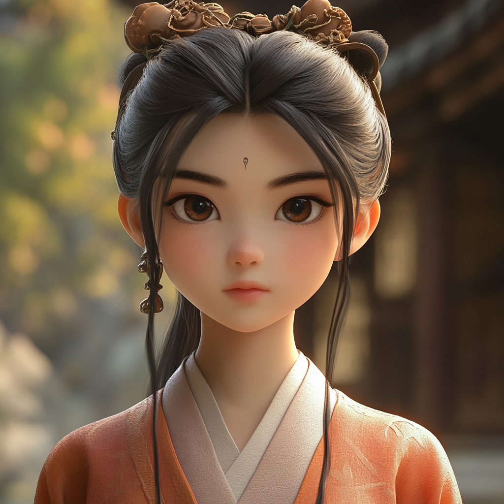 Ancient Chinese girl, chestnut hair, eyes, Tang costume.