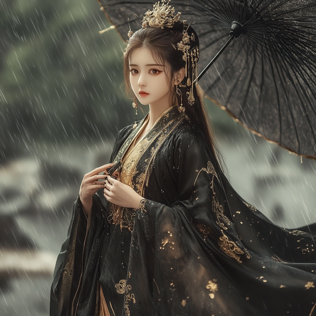 Ancient Chinese girl in heroic costume walks in rain.