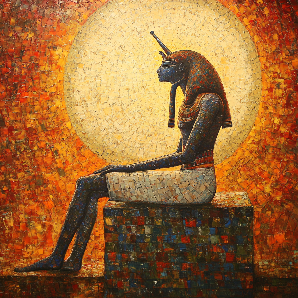 Ancient Egypt Sungod in Georges Seurat style painting.