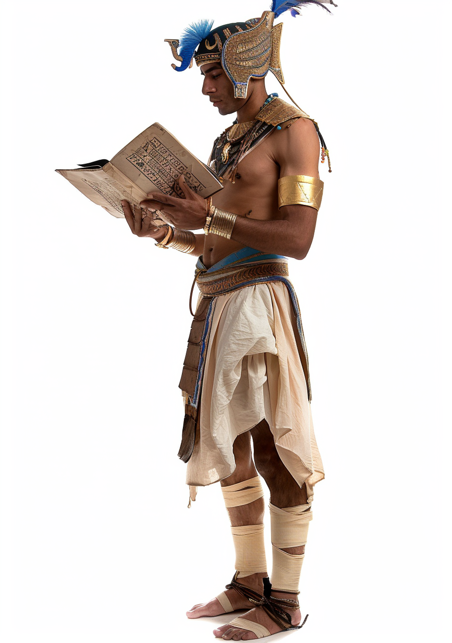 Ancient Egyptian man holding book in historical outfit.