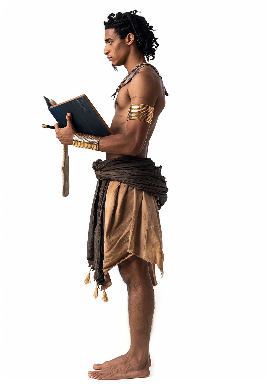 Ancient Egyptian man with book and stylus on white