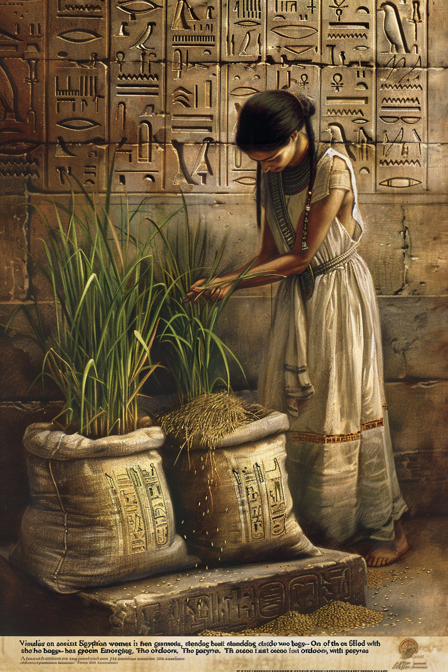 Ancient Egyptian woman beside bags of barley and wheat.