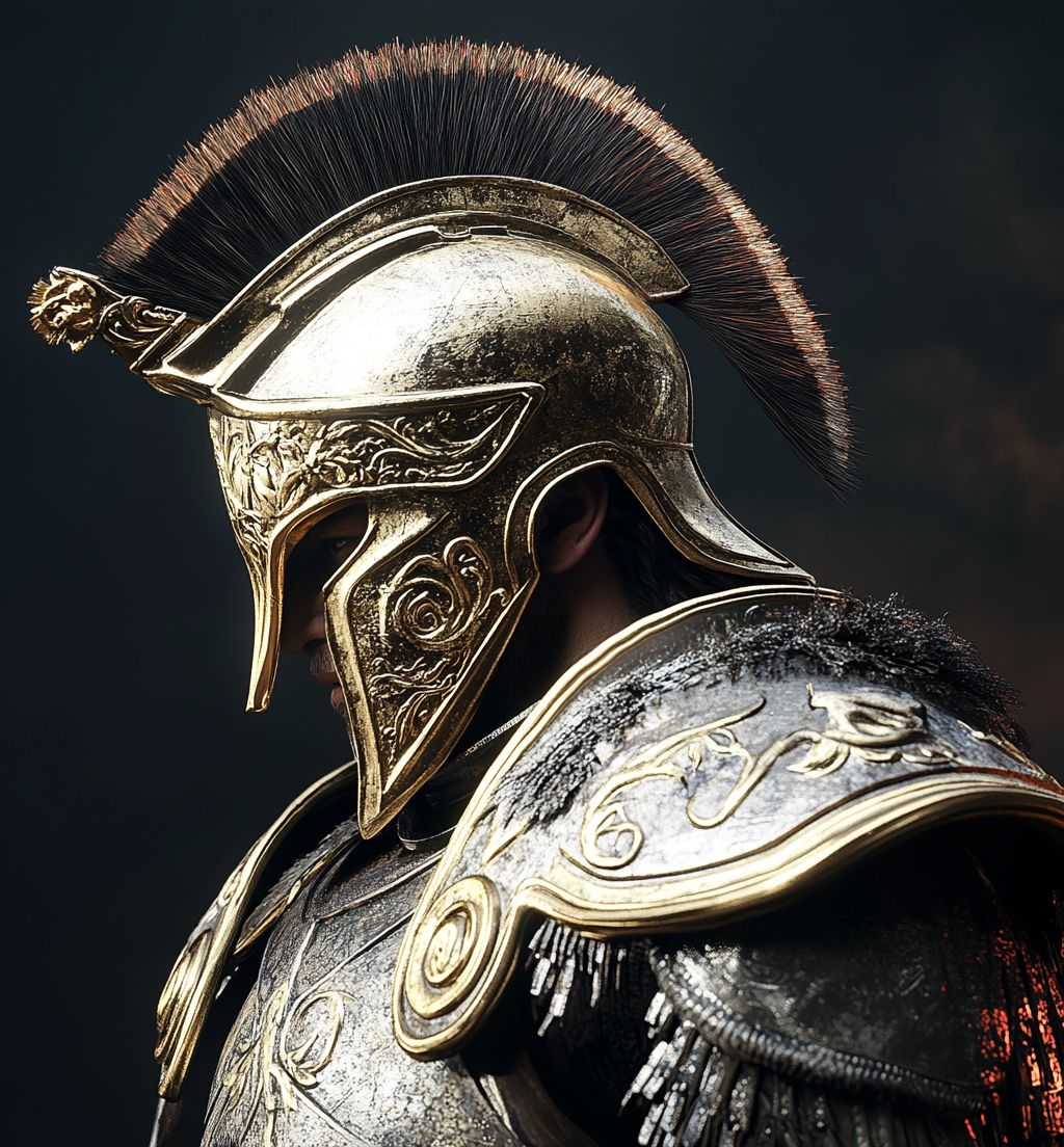 Ancient Greek Soldier in Ornate Armor Profile View