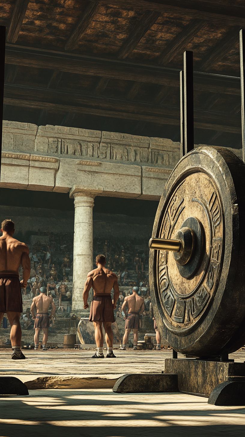 Ancient Greek gymnasium equipment and athletes exercising.