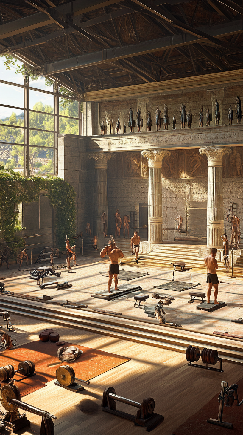 Ancient Greek gymnasium with athletes and historical equipment.