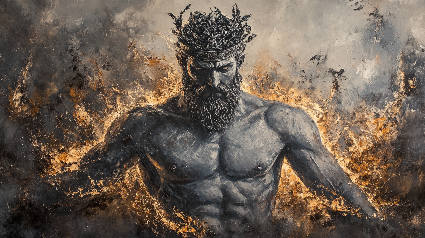 Ancient Greek philosopher depicted wearing crown, surrounded by flames.