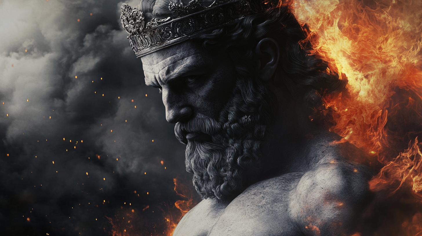 Ancient Greek philosopher wore crown, surrounded by flames. 