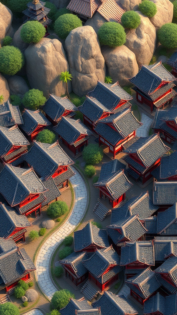 Ancient Japanese town in Pixar style, zoomed in.