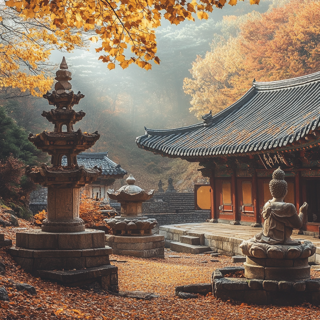 Ancient Korean temple with stone pagodas and Buddha statues in autumn forest