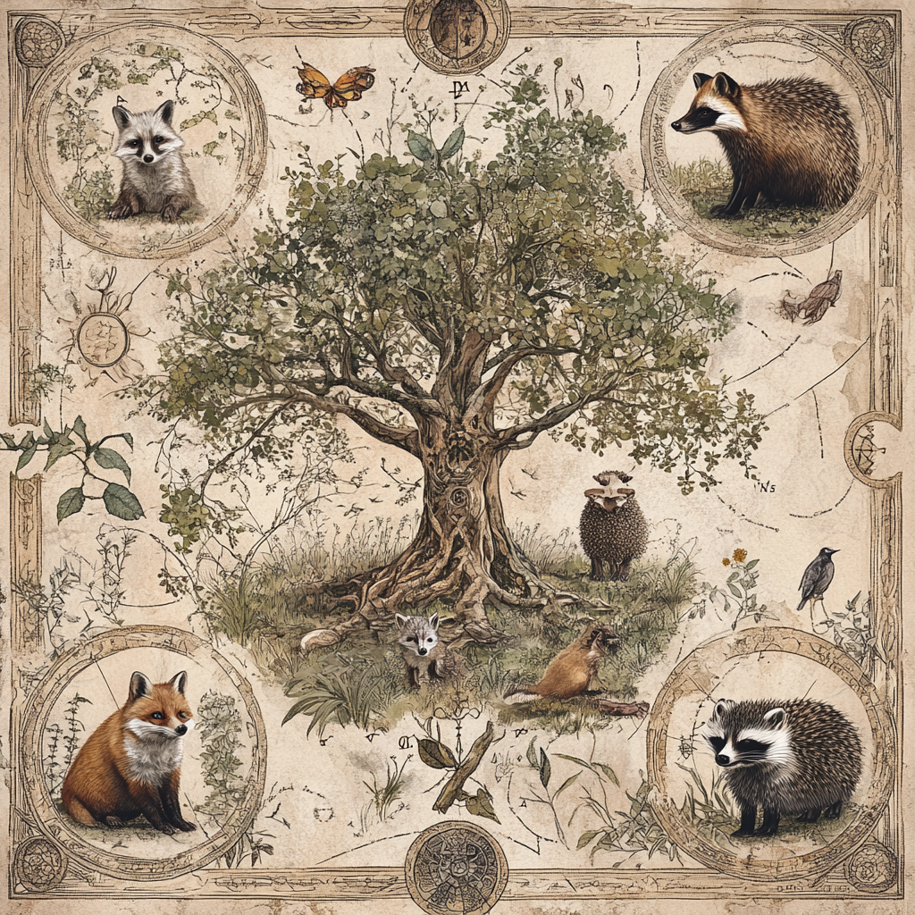 Ancient Magical Woodland Map with Four Animals