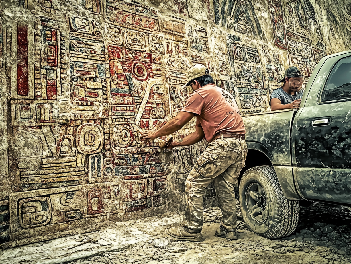 Ancient Maya artist creating mosaic art watched by modern designer