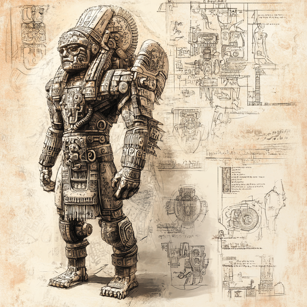 Ancient Maya cyborg drawing with intricate designs