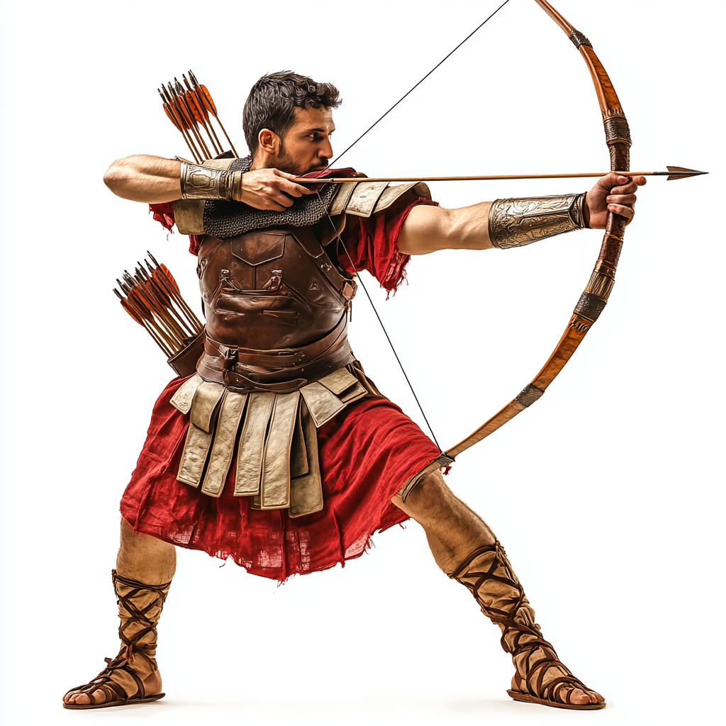 Ancient Roman army archer dressed in red tunic.