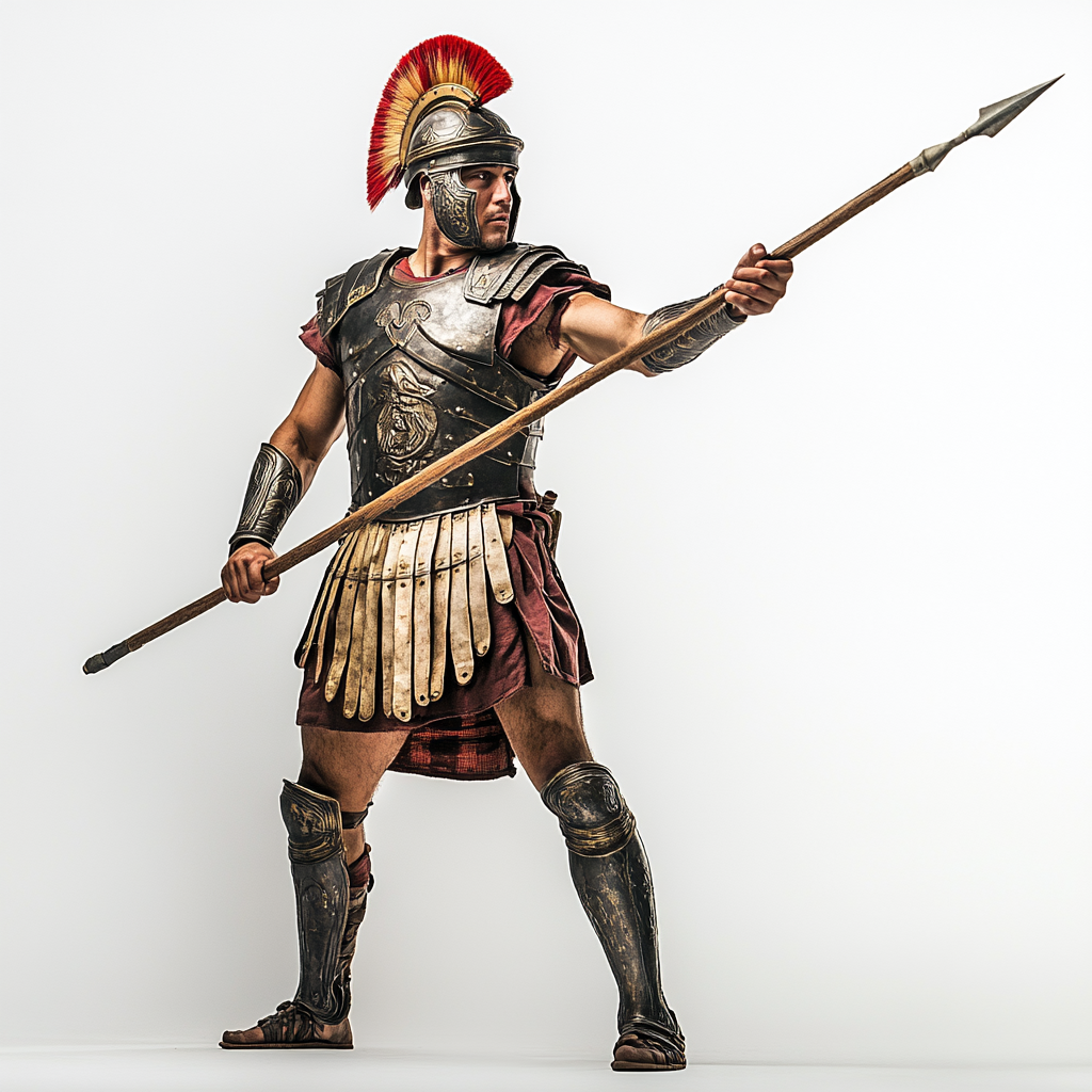 Ancient Roman legionary holding javelin, wearing armor and helmet.