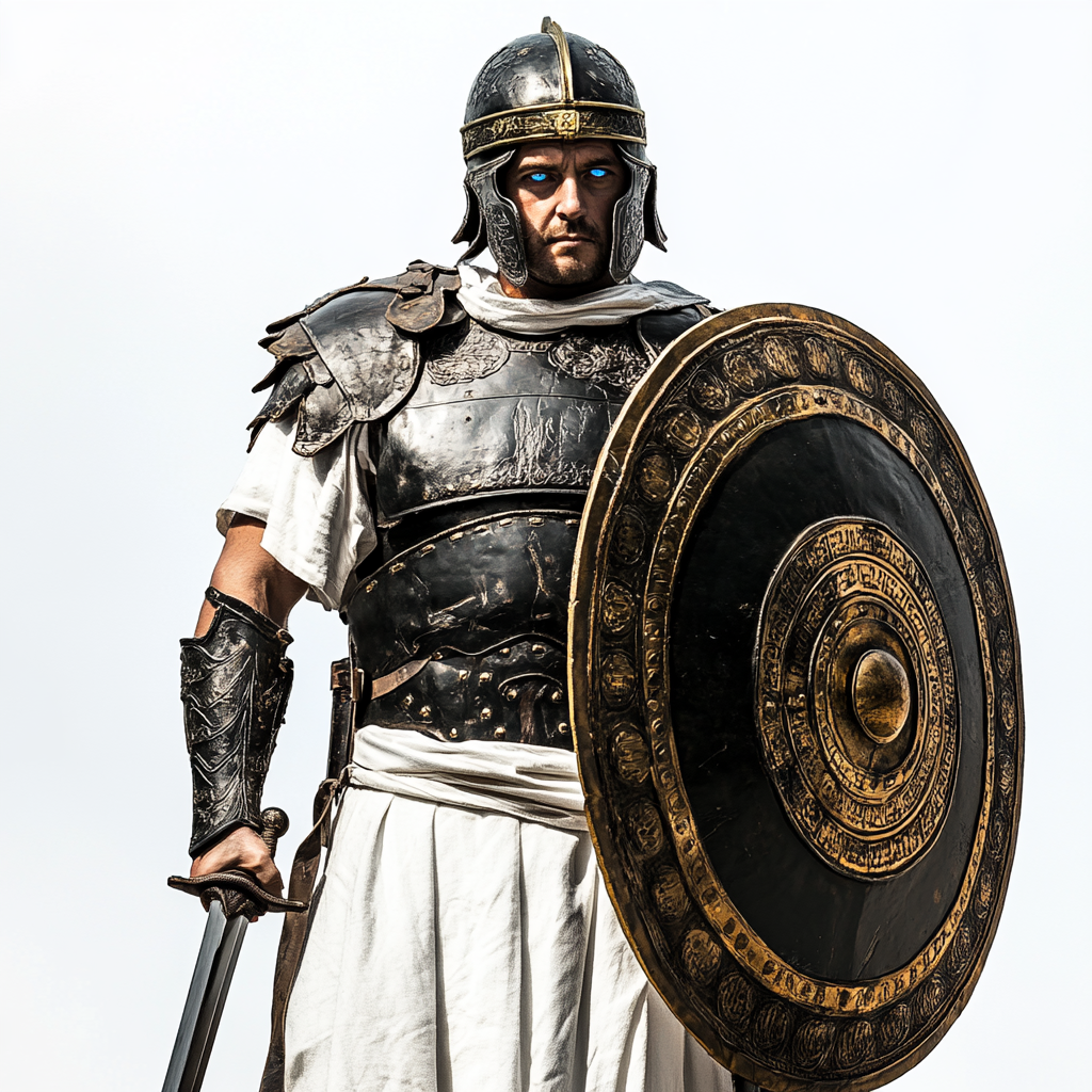 Ancient Roman praetorian guard with black armor, blue eyes.