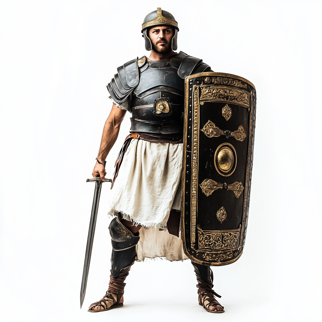 Ancient Roman soldier in black armor with white tunic.