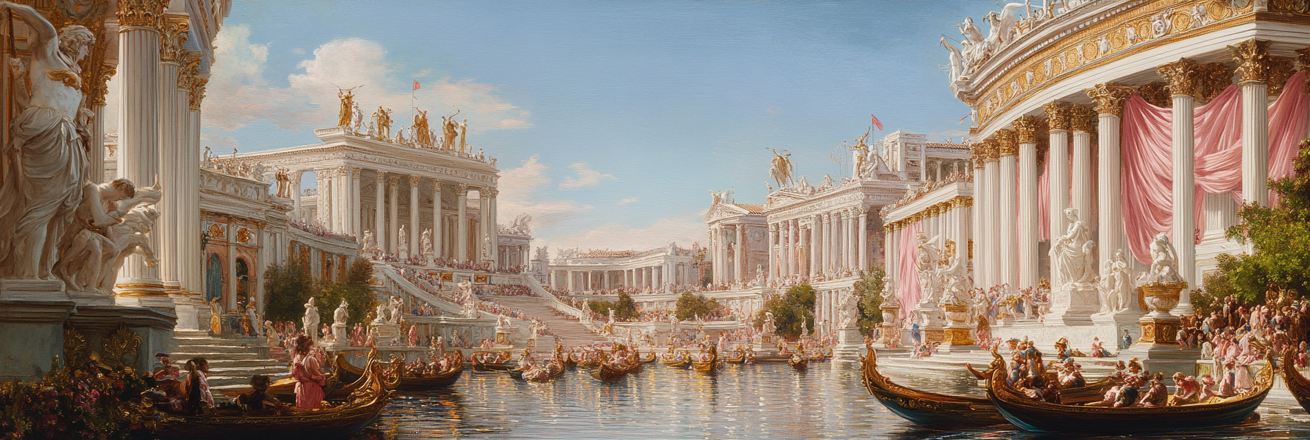 Ancient Rome Palace with Greek Statues and Boats