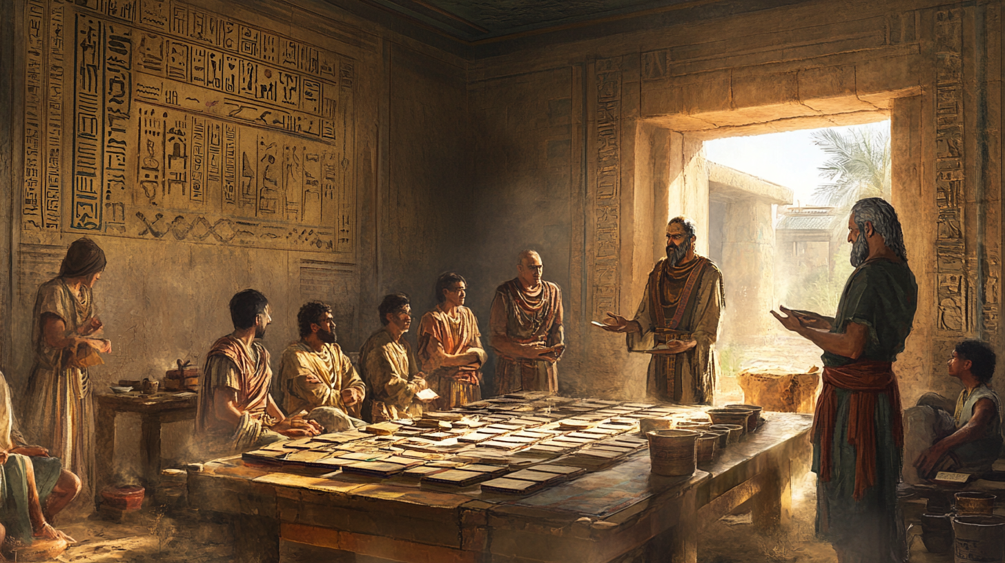 Ancient Scholars Studying Cuneiform in Uruk Library