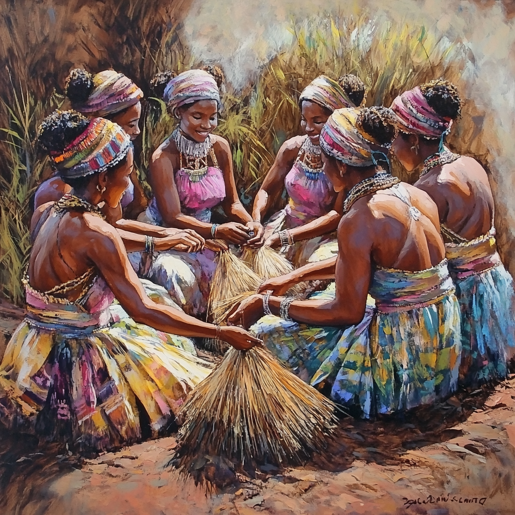 Ancient South African tribal women exfoliate skin outdoors. Beauty.