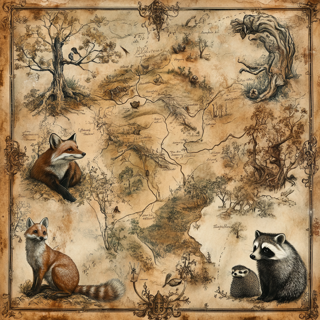 Ancient Woodland Map with Corner Animal Illustrations