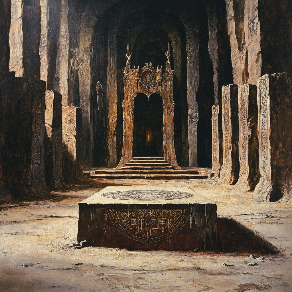 Ancient abandoned Throneroom, dark fantasy, oil painting.