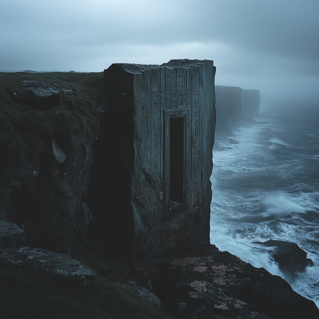 Ancient alter on cliff with mysterious glowing runes.