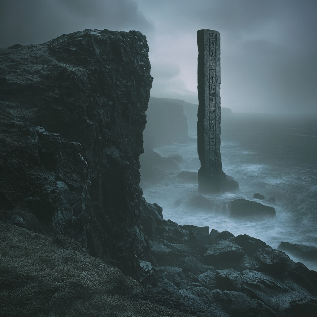 Ancient alter overlooking stormy ocean on rugged cliff.