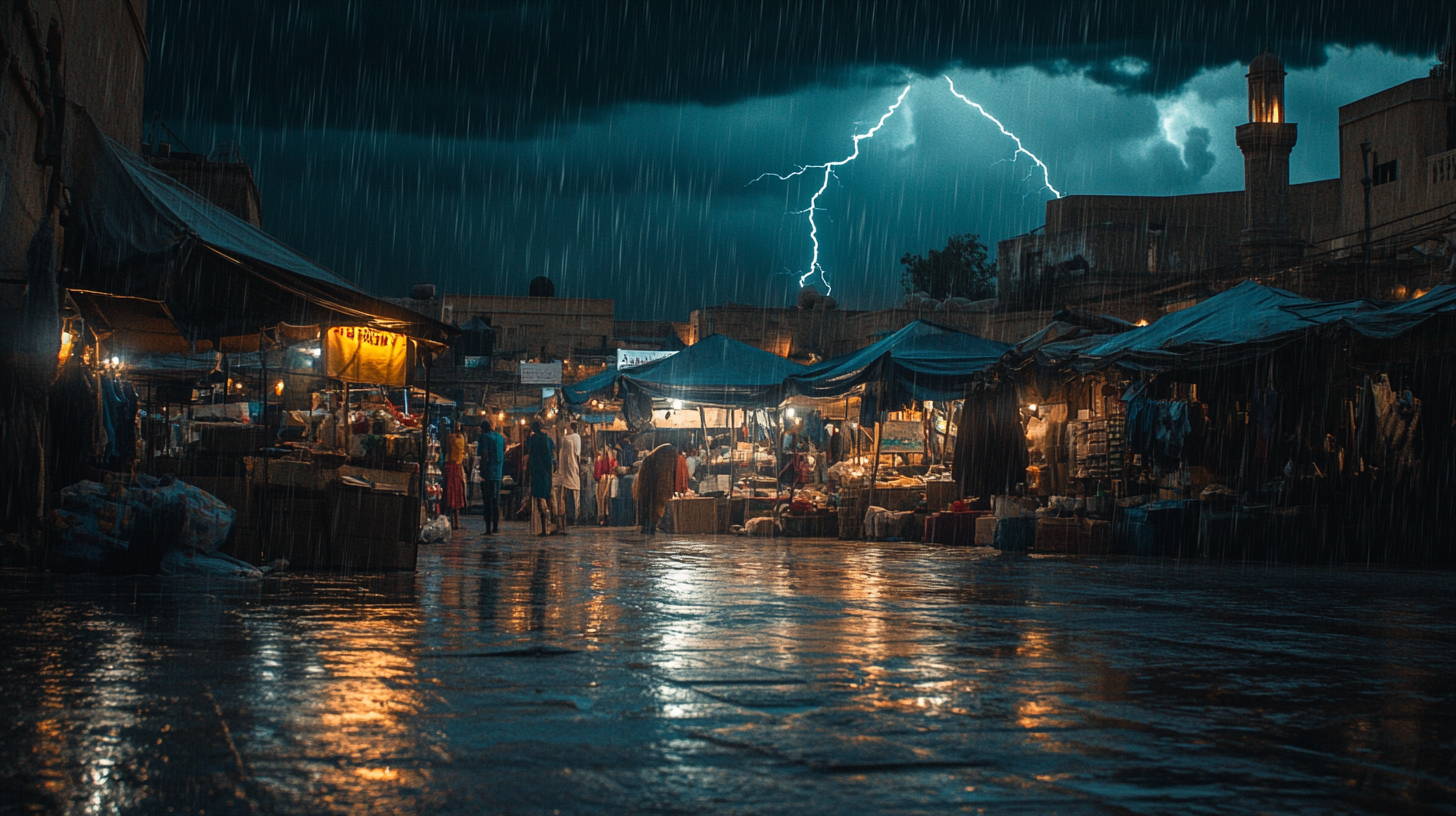 Ancient city at night: storm over marketplace