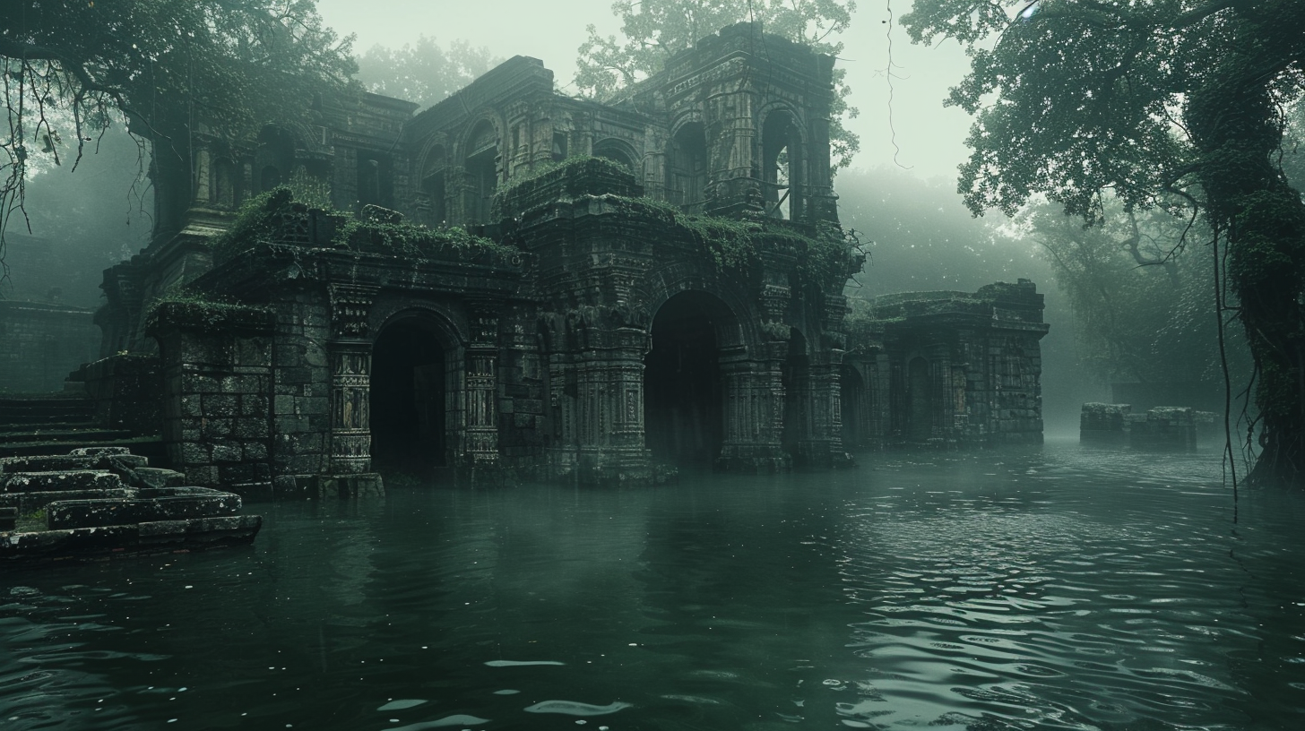 Ancient city ruins underwater, broken stone buildings, eerie atmosphere.