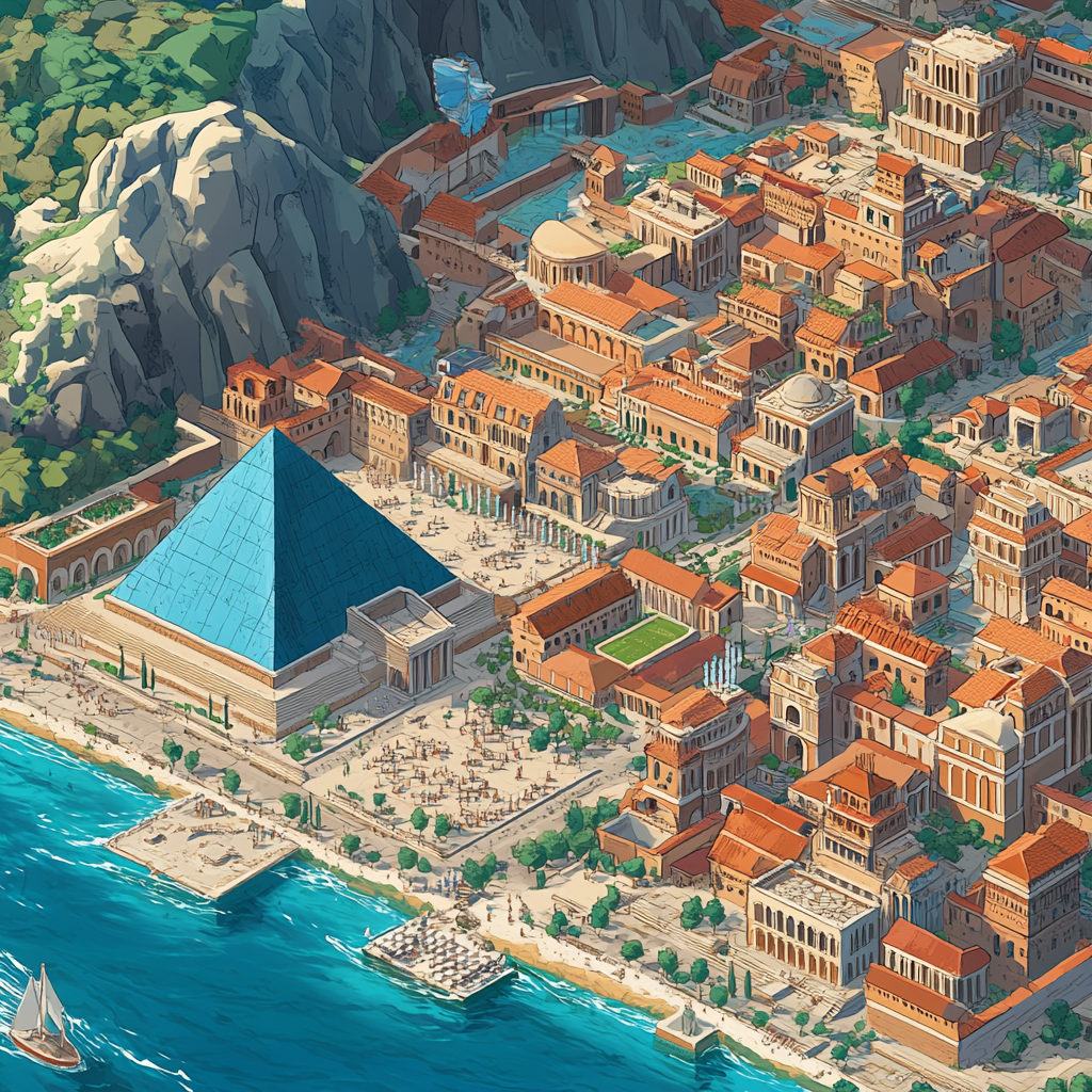 Ancient city with water surrounded by buildings, attractions.