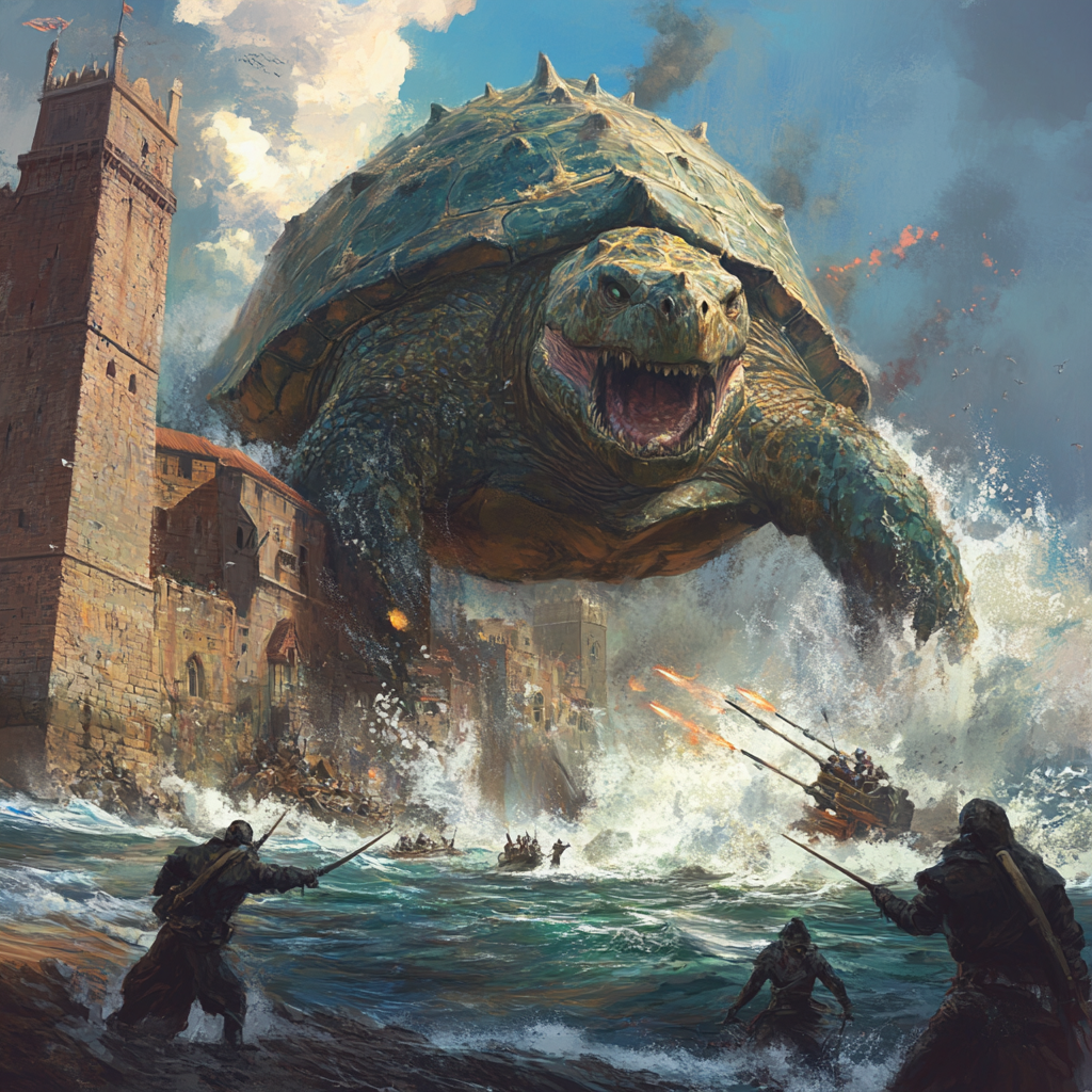 Ancient dragon turtle attacked port city with ballista.