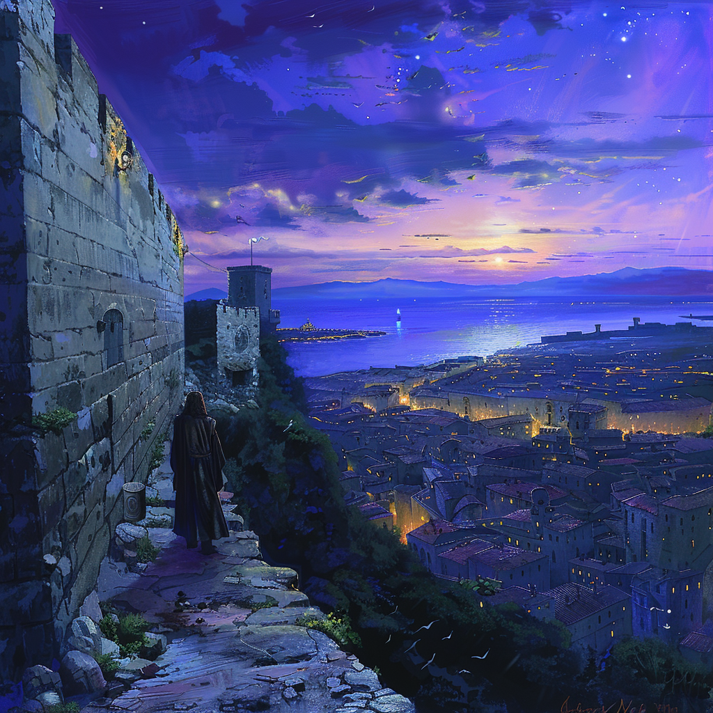 Ancient fortress overlooks city at twilight, lone figure