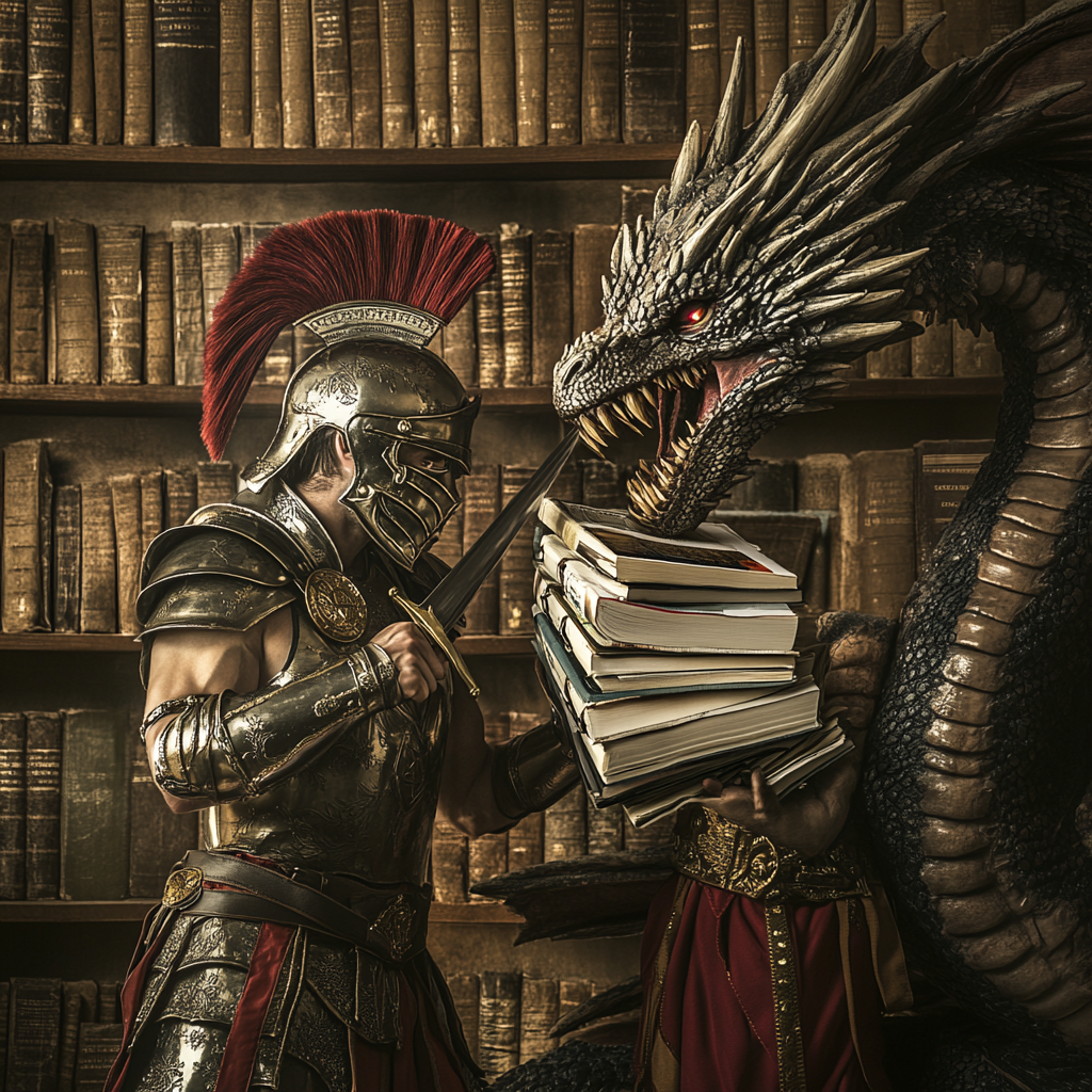 Ancient gladiator medical student fights dragon made of textbooks.