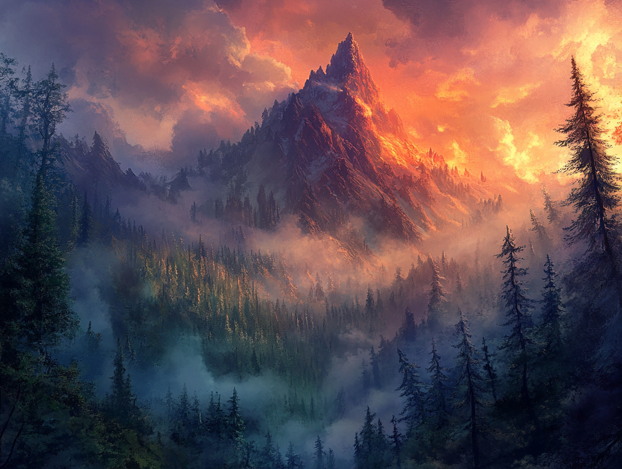 Ancient magical forest with red sunset mountain.