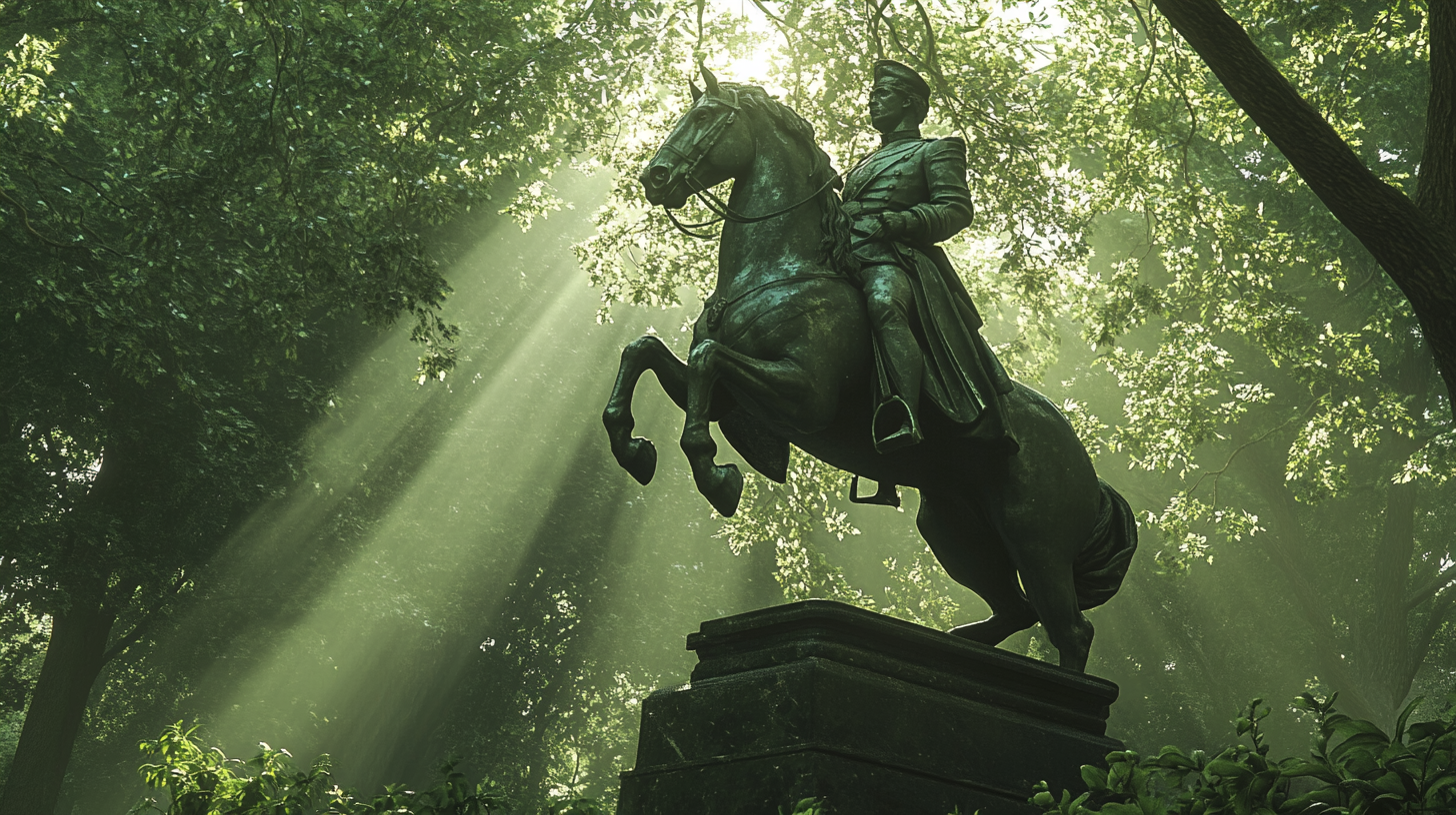 Ancient military leader statue under sunlight in forest