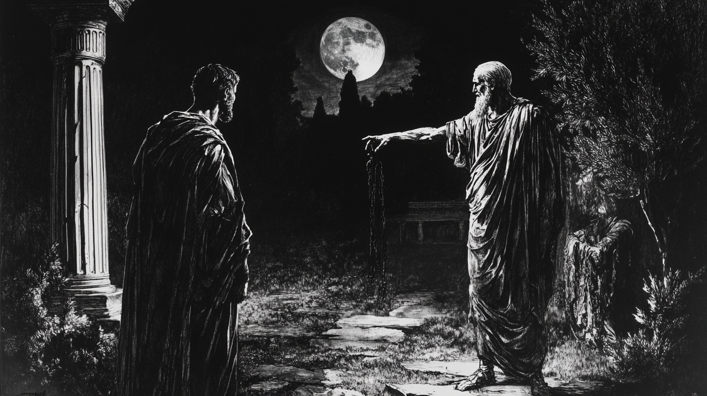 Ancient philosopher faces ghost in eerie moonlit garden.