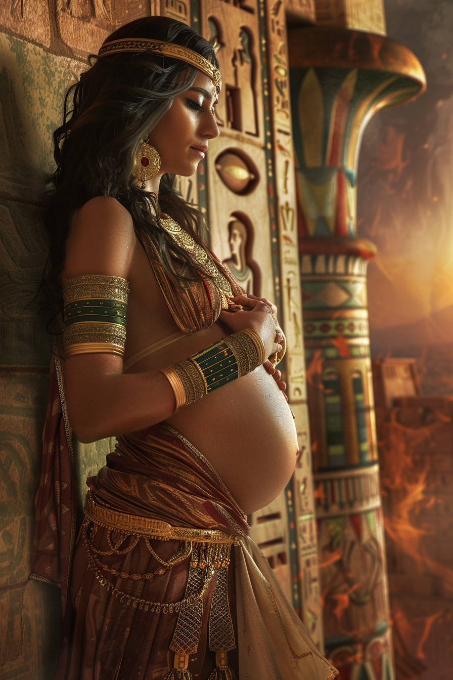 Ancient pregnant woman touching her womb in desert landscape.