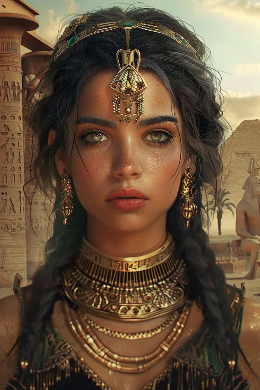 Ancient pregnant woman with ornate jewelry in Egypt.