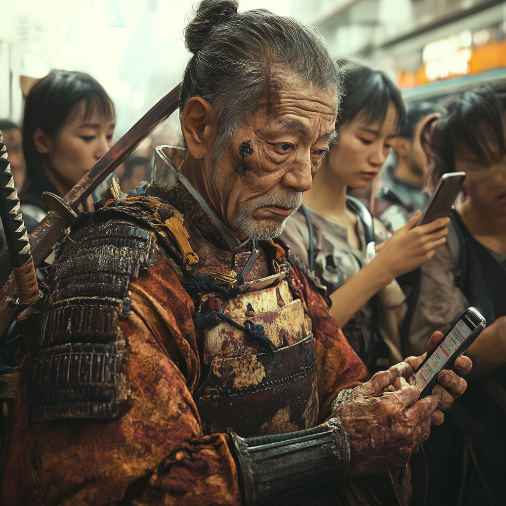 Ancient samurai bewildered by modern technology in Japan.