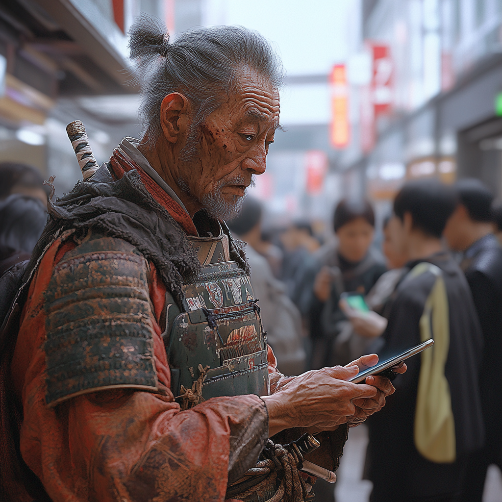 Ancient samurai in armor, confused by modern smartphones.