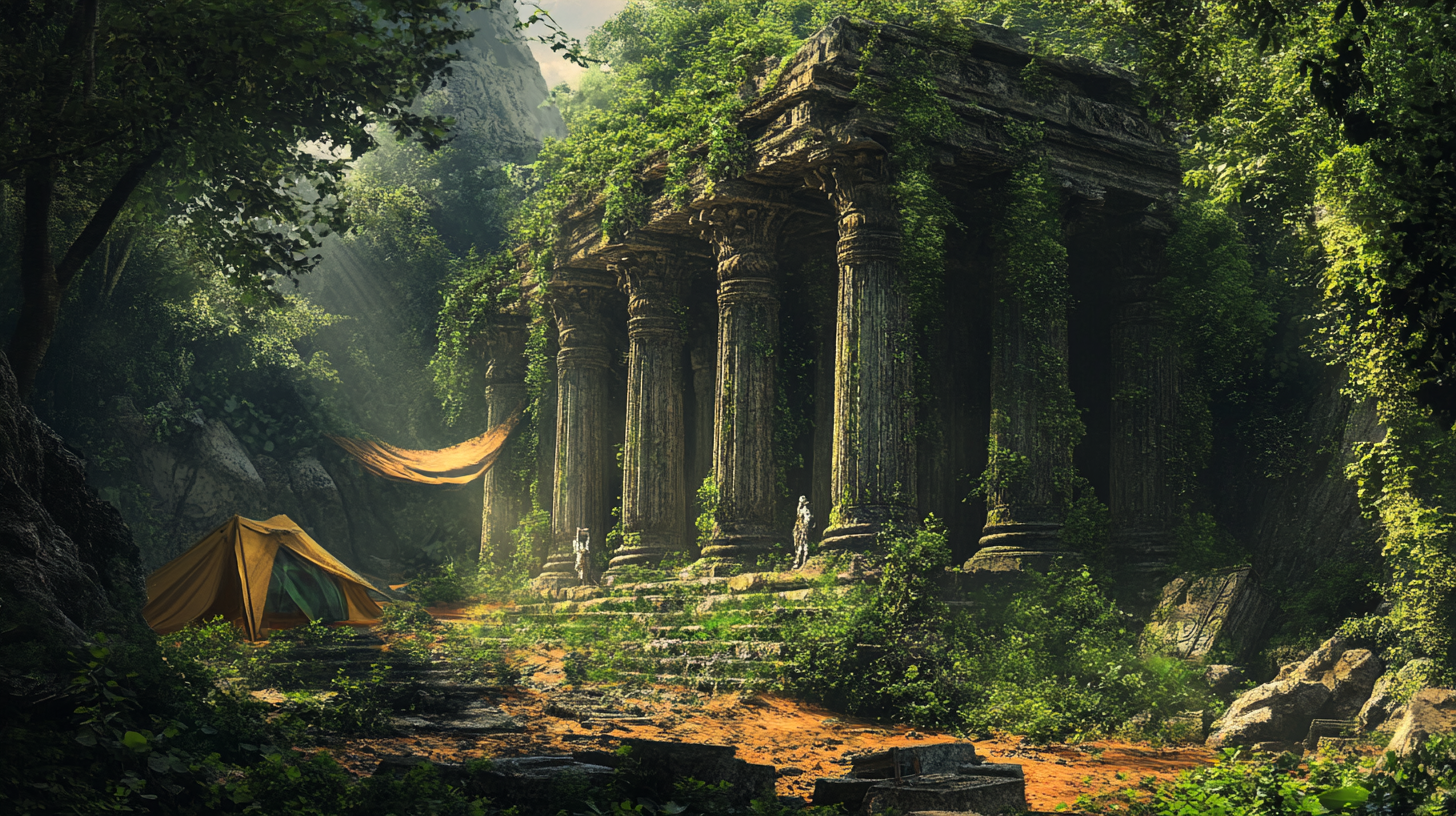 Ancient temple consumed by vibrant forest, futuristic items visible.