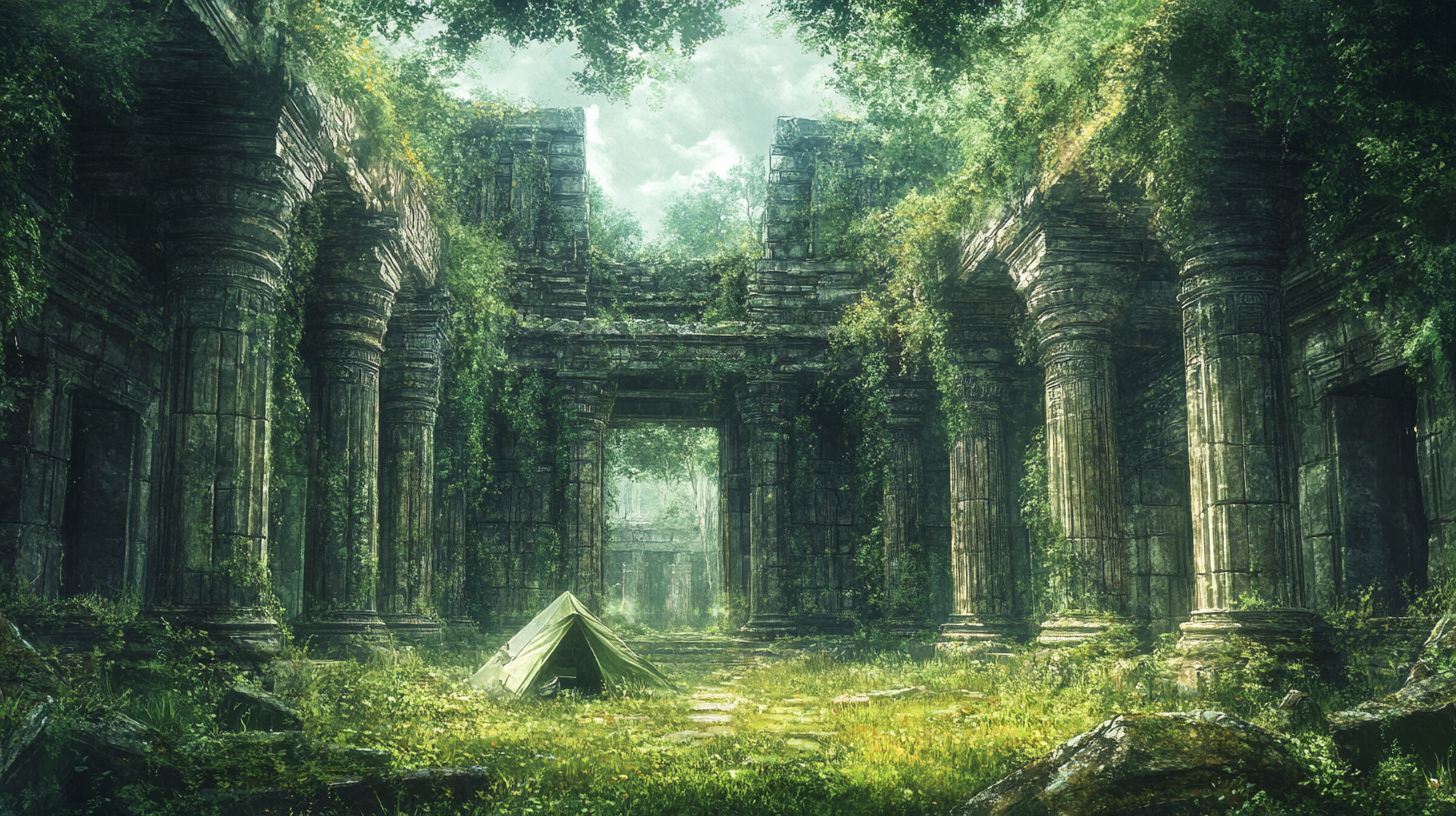 Ancient temple foyer consumed by vibrant forest overgrowth.